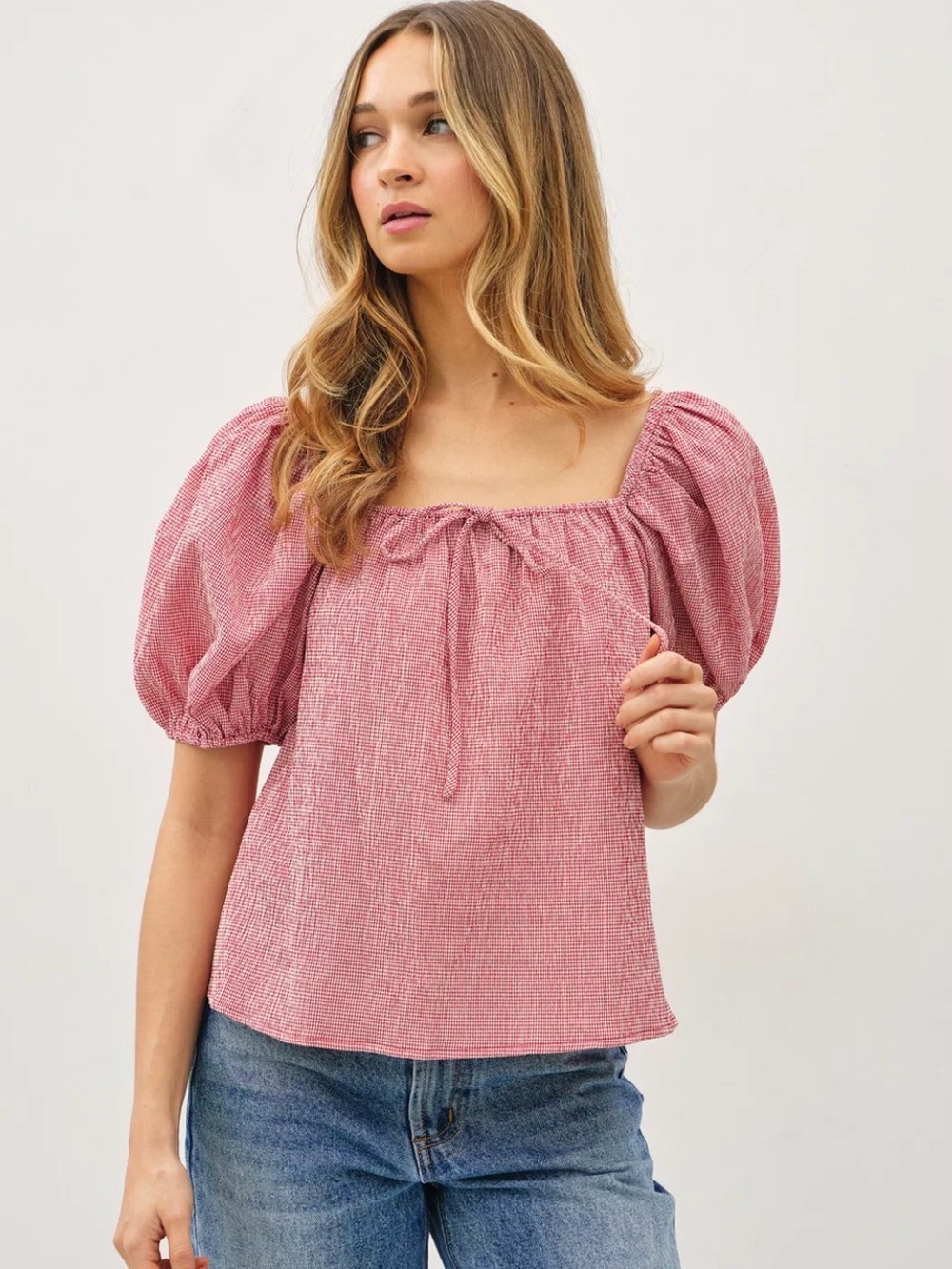 Women’s Pink Puff-Sleeve Peasant Top
